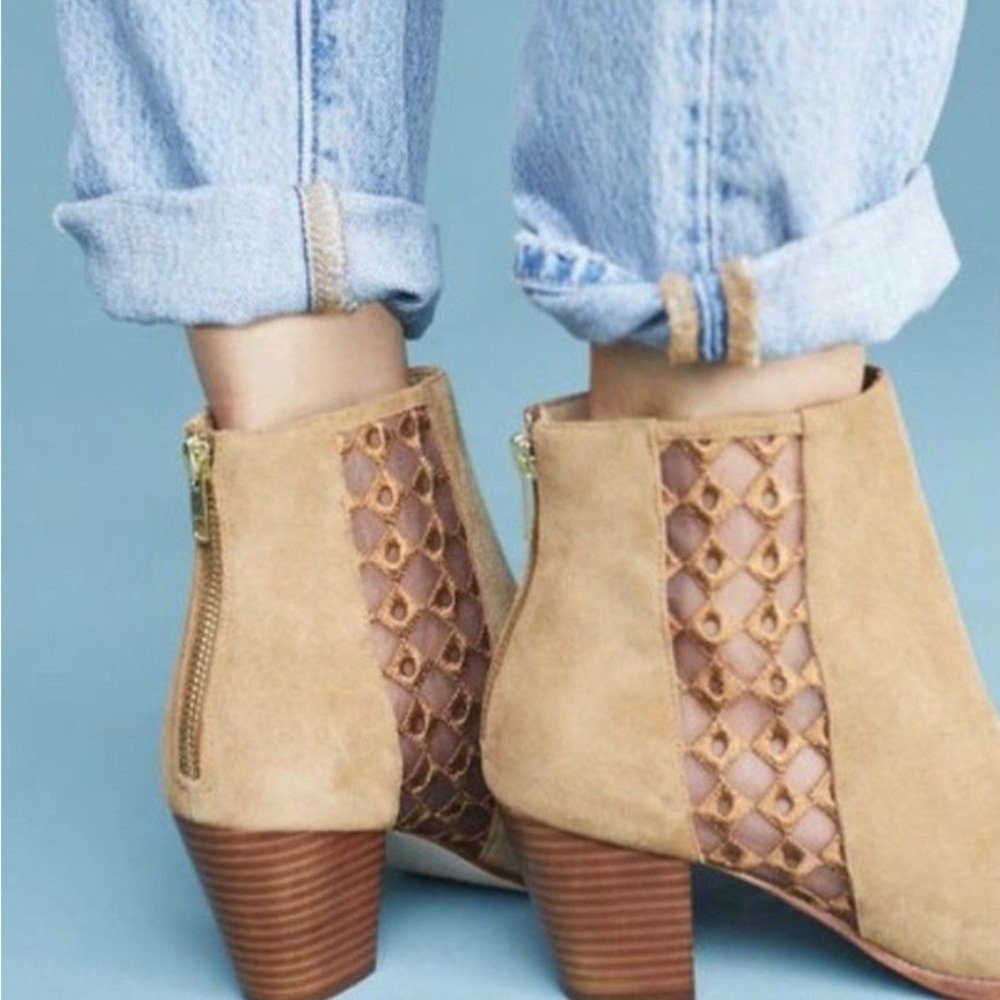 Anthropologie Camel Suede Sheer Side Ankle Boots - Picture 2 of 9